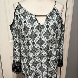 1X Mileage Cold Shoulder Blue Print Top